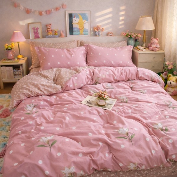 Lenjerie pat dublu, Finet, 6 piese, Roz, flori, buline [1]