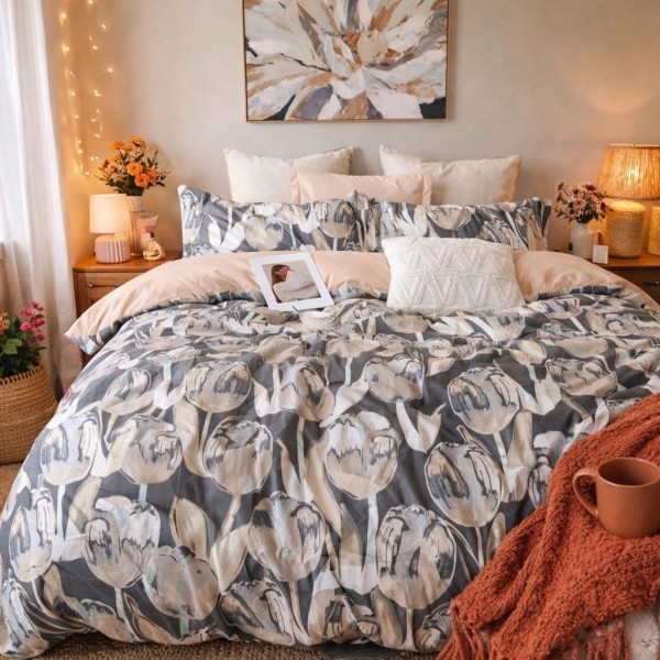 Lenjerie pat dublu, Finet, 6 piese, Gri, lalele [1]