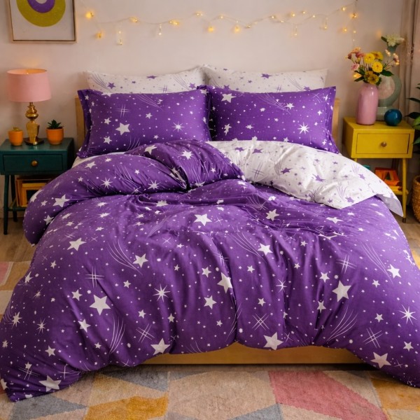 Lenjerie pat dublu, Finet, 6 piese, Alb-Mov, Ploaie de Stele [1]