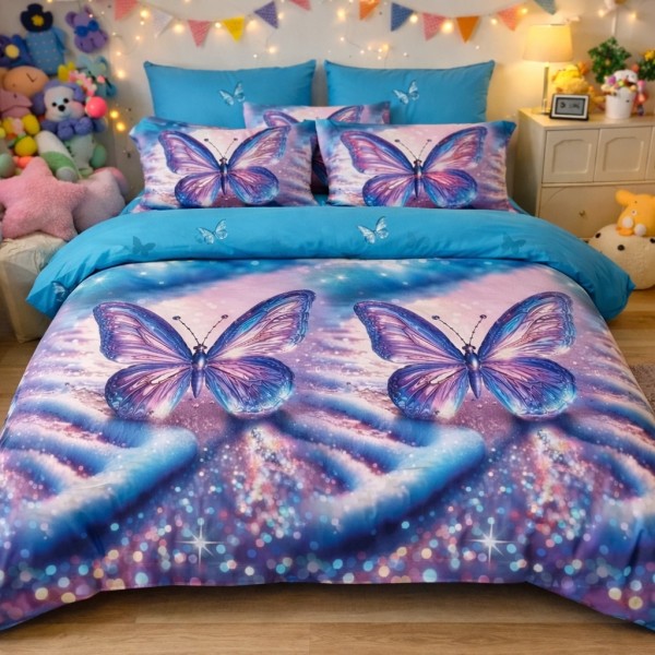 Lenjerie pat dublu, Finet, 6 piese, Albastru, fluturi [1]