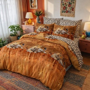 Lenjerie pat dublu cu ELASTIC, Finet, 6 piese, Maroniu, Tigri in Savana