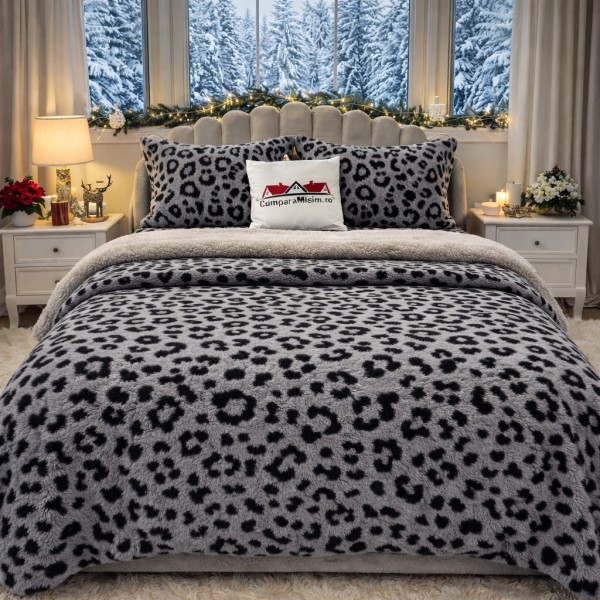 Lenjerie pat dublu, din Blanita Cocolino Sherpa, cu ELASTIC, 4 piese, Gri, Leopard Print [1]
