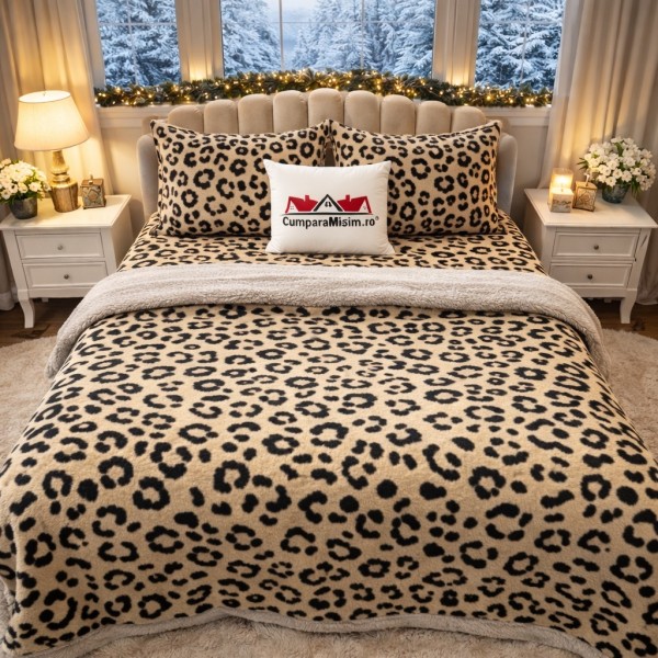 Lenjerie pat dublu, din Blanita Cocolino Sherpa, cu ELASTIC, 4 piese, Bej, Leopard Print [1]