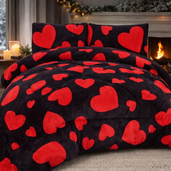  Pilota Cocolino 200x230cm si 2 fete de perna 50x70cm, Negru, Inimioare Rosii [1]