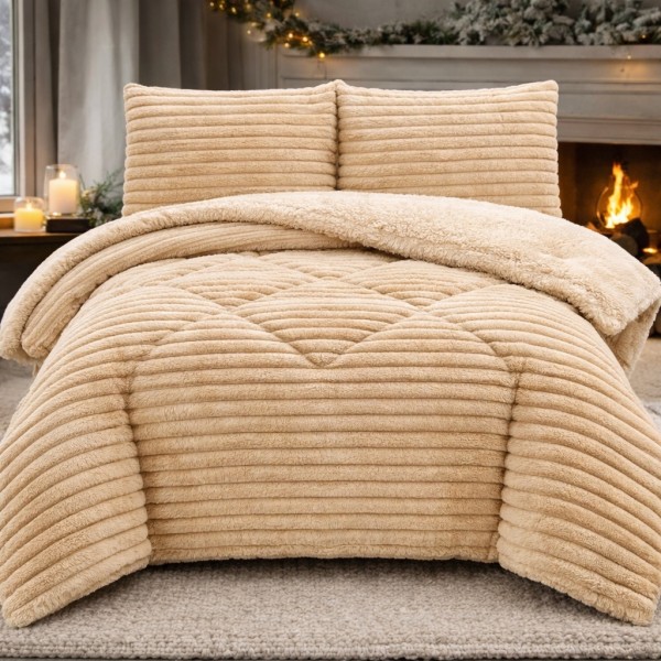  Pilota Cocolino Rabbit, 200x230cm si 2 fete de perna 50x70cm, Dungi Gofrate, Dublata cu Blanita Asortata Sherpa, Bej [1]