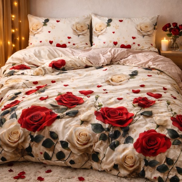 Lenjerie pat dublu cu Elastic, bumbac satinat, Bej, trandafiri [1]