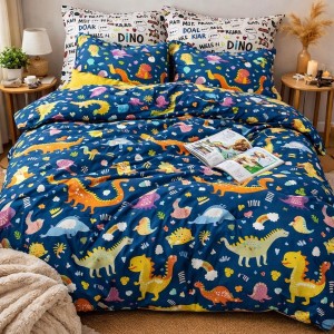 Lenjerie pat dublu, bumbac satinat, cearsaf clasic, 4 piese, Albastru, Dinozauri Lenjerie pat dublu, bumbac satinat, cearsaf clasic, 4 piese, Albastru, Dinozauri