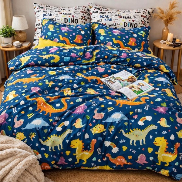 Lenjerie pat dublu, bumbac satinat, cearsaf clasic, 4 piese,  Albastru, Dinozauri [1]