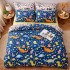 Lenjerie pat dublu, bumbac satinat, cearsaf clasic, 4 piese,  Albastru, Dinozauri [5]