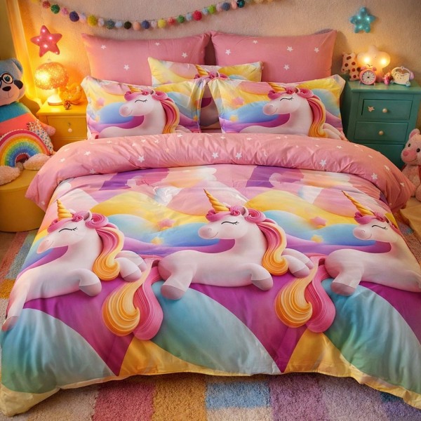 Lenjerie pat dublu, Finet, 6 piese, Multicolor, unicorni [1]