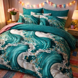 Lenjerie pat dublu cu ELASTIC, Finet, 6 piese, Verde, abstract Lenjerie pat dublu cu ELASTIC, Finet, 6 piese, Verde, abstract
