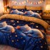 Lenjerie pat dublu, Finet, 6 piese, Albastru, pisicute [2]