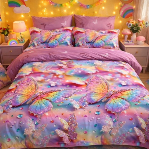 Lenjerie pat dublu cu ELASTIC, Finet, 6 piese, Roz, fluturi [1]