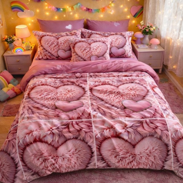 Lenjerie pat dublu, Finet, 6 piese, Roz, inimioare pufoase [1]