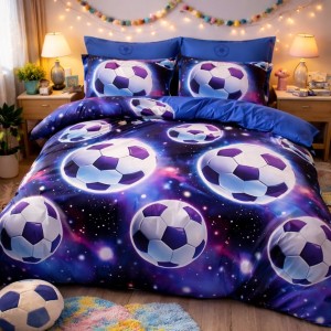 Lenjerie pat dublu, Finet, 6 piese, Albastru, mingii de fotbal Lenjerie pat dublu, Finet, 6 piese, Albastru, mingii de fotbal