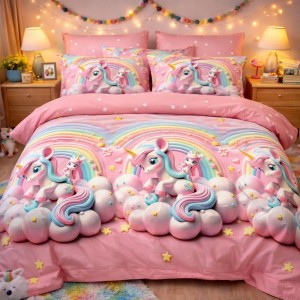 Lenjerie pat dublu, Finet, 6 piese, Roz, unicorni Lenjerie pat dublu, Finet, 6 piese, Roz, unicorni