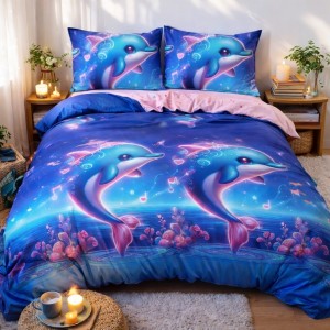 Lenjerie pat dublu, bumbac satinat, cearsaf clasic, 4 piese, Albastru, delfini Lenjerie pat dublu, bumbac satinat, cearsaf clasic, 4 piese, Albastru, delfini