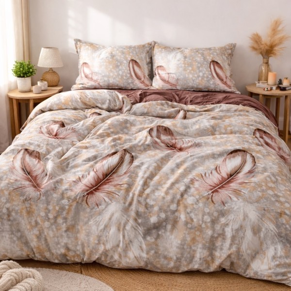 Lenjerie pat dublu, bumbac satinat, cearsaf clasic, 4 piese, Bej, pene [1]