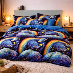 Lenjerie pat dublu, Finet, 6 piese, Albastru, galaxii