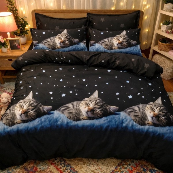 Lenjerie pat dublu cu ELASTIC, Finet, 6 piese, Negru, pisicute [1]