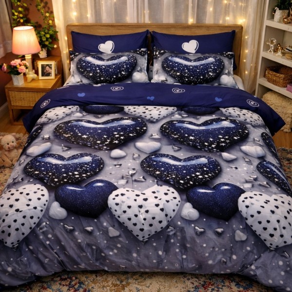 Lenjerie pat dublu cu ELASTIC, Finet, 6 piese, Albastru, inimioare [1]