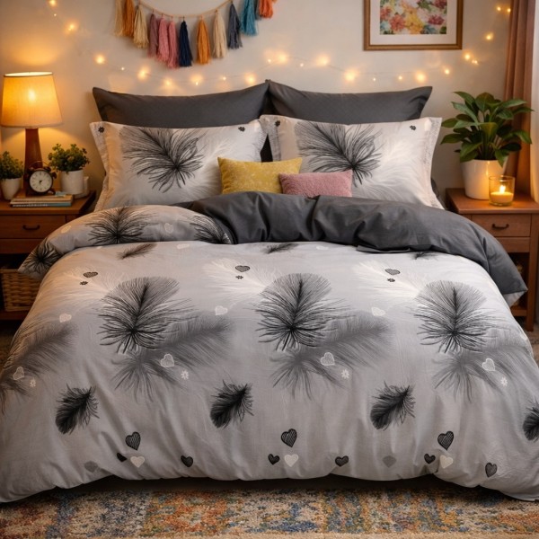 Lenjerie pat dublu, Finet, 6 piese, Gri, Alb, Negru, pene [1]