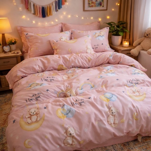 Lenjerie pat dublu, Finet, 6 piese, Roz, ursuleti [1]