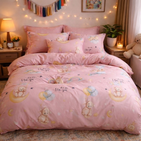 Lenjerie pat dublu cu ELASTIC, Finet, 6 piese, Roz, ursuleti [1]