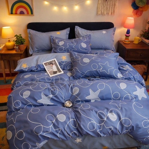 Lenjerie pat dublu, Finet, 6 piese, Albastru, stelute [1]