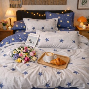 Lenjerie pat dublu, Finet, 6 piese, Gri, Albastru, stelute
