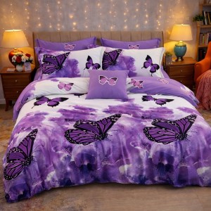 Lenjerie pat dublu, Finet, 6 piese, Alb, Mov, fluturi Lenjerie pat dublu, Finet, 6 piese, Alb, Mov, fluturi