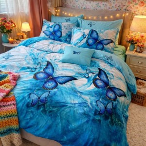 Lenjerie pat dublu, Finet, 6 piese, Alb, Bleu, fluturi