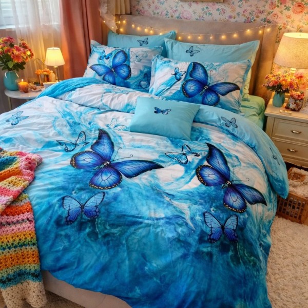 Lenjerie pat dublu, Finet, 6 piese, Alb, Bleu, fluturi [1]