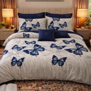 Lenjerie pat dublu, Finet, 6 piese, Gri, Albastru, fluturi