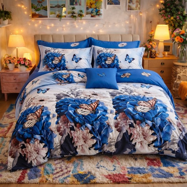 Lenjerie pat dublu, Finet, 6 piese, Alb, Albastru, fluturi [1]