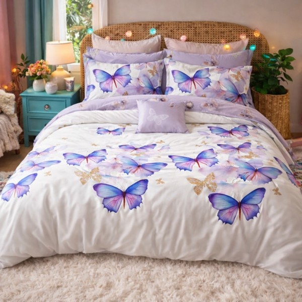 Lenjerie pat dublu, Finet, 6 piese, Lila, Crem, fluturi [1]