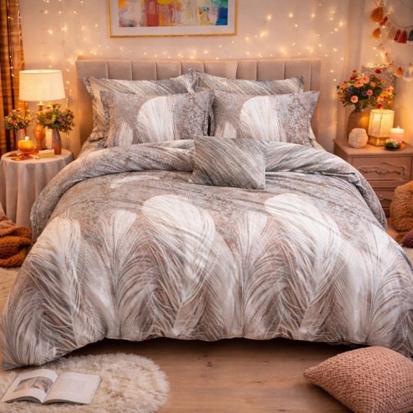 Lenjerie pat dublu, Finet, 6 piese, Gri, Bej, pene [1]