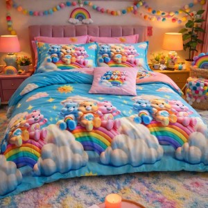 Lenjerie pat dublu, Finet, 6 piese, Bleu, Roz, ursuleti, curcubeu