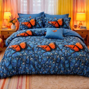 Lenjerie pat dublu cu ELASTIC, Finet, 6 piese, Albastru, fluturi portocalii