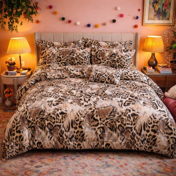 Lenjerie pat dublu, Finet, 6 piese, Maro, abstract, animal print [1]