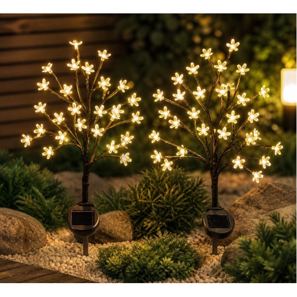 Set 2 Lămpi Solare Decorative Tip Bonzai cu Flori Lumina Calda – Iluminare LED, Design Elegant și Funcționare Automată [1]
