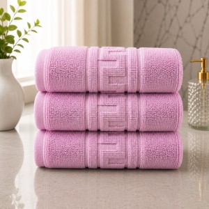Set 3 prosoape mari, Greek Border, 70x130cm, din 100% bumbac pakistanez,  380g, Roz