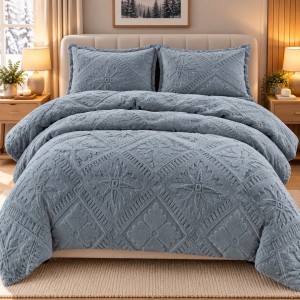 Lenjerie de Pat Dublu, CoCoLiNo Ultra Pufoasă, 4 piese, Cearșaf cu ELASTIC, Model Traditional 3D, Gri mediu