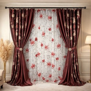 Set 2 Draperii Jacquard, Frunze, 150cm latime x 270cm înălțime, Grena + Perdea 400cm latime x 270cm inaltime, din Matase Imprimata, Bujori Rosii