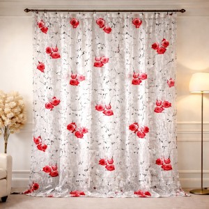 Perdea Bujori Rosii din matase imprimata, Alba, 400cm latime x 270cm inaltime cu rejansa pt sina