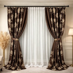 Set 2 Draperii Jacquard, Roses, 150cm latime x 270cm înălțime, Maro + Perdea 400cm latime x 270cm inaltime, tip in cu broderie Lines