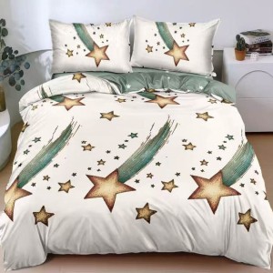 Lenjerie pat dublu cu Elastic, bumbac satinat, Alb, Verde, stelute