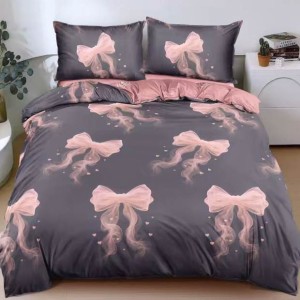 Lenjerie pat dublu cu Elastic, bumbac satinat, Gri, Roz, fundite Lenjerie pat dublu cu Elastic, bumbac satinat, Gri, Roz, fundite