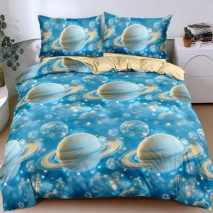 Lenjerie pat dublu cu Elastic, bumbac satinat, Albastru, planete Lenjerie pat dublu cu Elastic, bumbac satinat, Albastru, planete