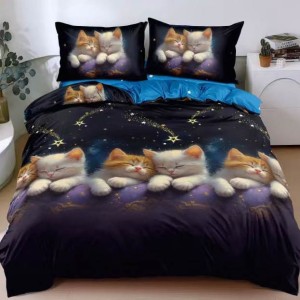 Lenjerie pat dublu cu Elastic, bumbac satinat, Albastru, Negru, pisicute